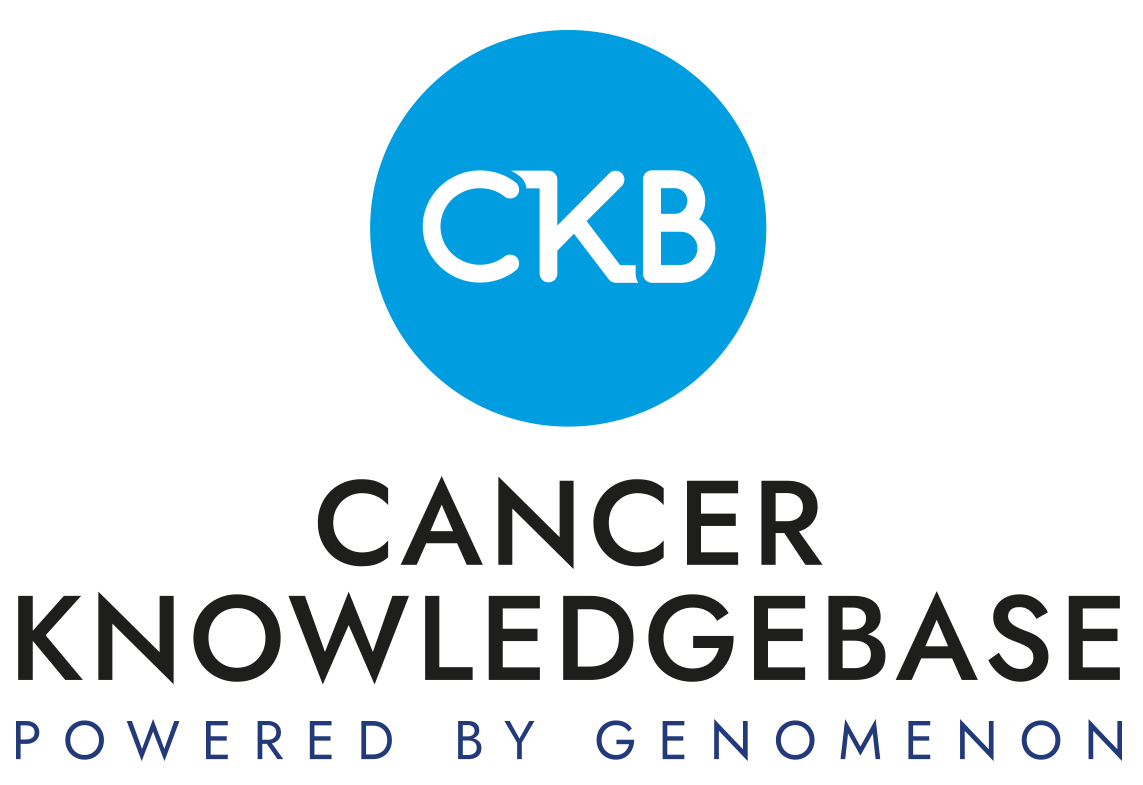 Cancer Knowledgebase logo. White letters 'CKB' in light blue circle next to text Cancer Knowledgebase in black.  Under this reads 'Powered by Genomenon' in dark blue text.